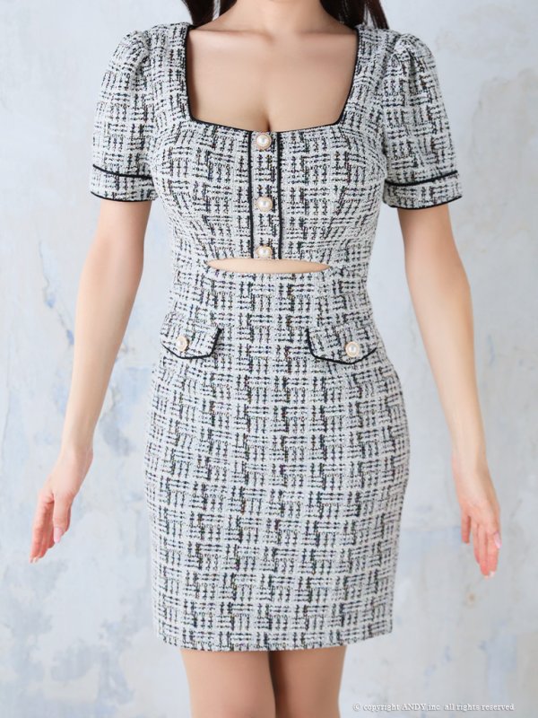 画像5: XSサイズあり【an /アン】 ストレッチ/ ツイード/ カットアウト/ パールボタン/ 半袖/ 袖あり/ タイト/ ミニドレス/ キャバドレス[OF05]