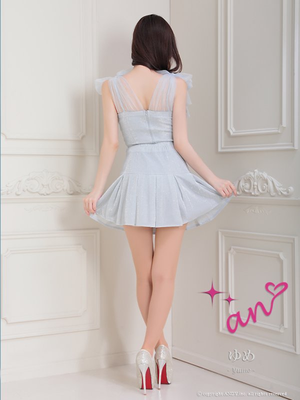 画像12: XSサイズあり【an /アン】ショルダーリボン/ ラメ/ラインストーン/ ストレッチ/ プリーツ/ フレア/ セットアップ/ ミニドレス/ キャバドレス[OF05]