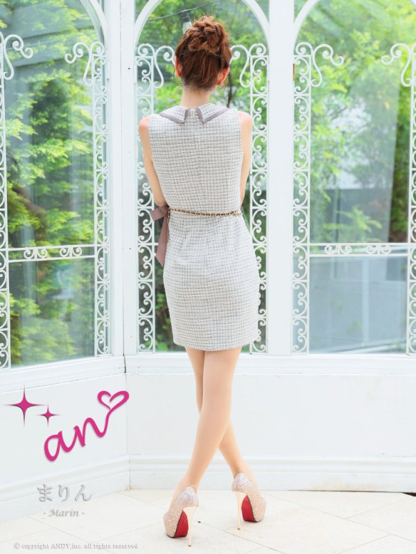 画像15: XSサイズあり【an/アン】襟付き/ フロントジッパー/ ストレッチ/ ツイード/ パイピング/ チェーンベルト/ ノースリーブ/ タイト/ ミニドレス/ キャバドレス[OF05]