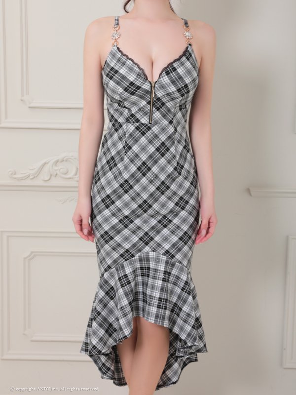 画像24: XSサイズあり【an /アン】チェック柄/ マーメイド/ テールカット/ フロントジップ/ ノースリーブ/ ビジューバックル/ ミディアムドレス/ キャバドレス[OF05]