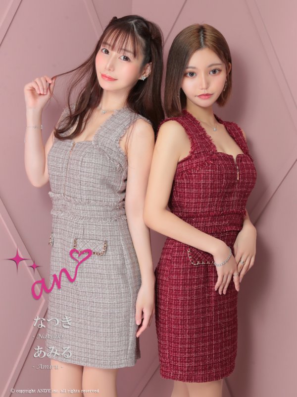 XSサイズあり【an /アン】 ツイード/ フロントジップ/ チェーン/ ノースリーブ/ ポケットデザイン/タイト/ ミニドレス/ キャバドレス[OF05]