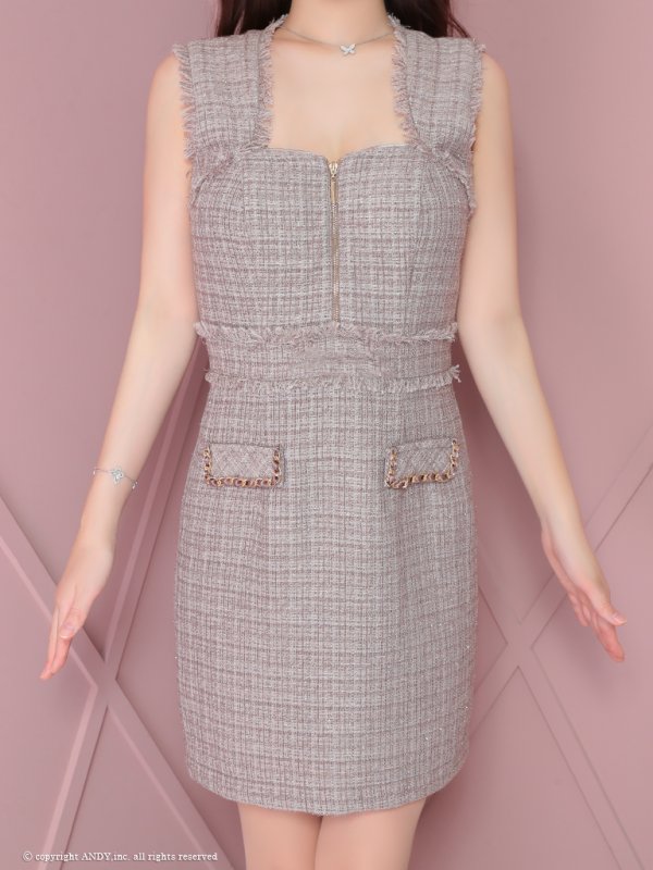 画像26: XSサイズあり【an /アン】 ツイード/ フロントジップ/ チェーン/ ノースリーブ/ ポケットデザイン/タイト/ ミニドレス/ キャバドレス[OF05]