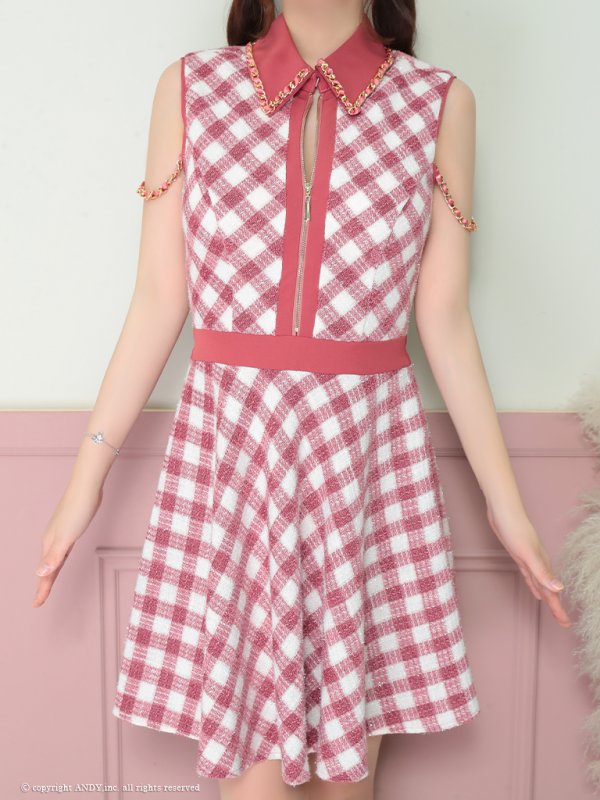 画像6: XSサイズあり【an /アン】 ノースリーブ/ 襟あり/ ツイードチェック/ チェーン/ フロントジップ/ Aライン/フレア/ ミニドレス/ キャバドレス[OF05]