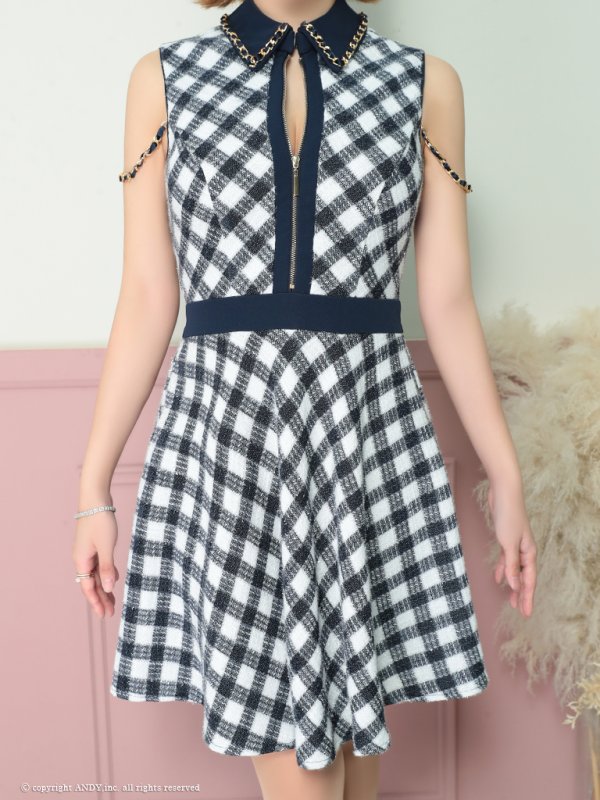 画像14: XSサイズあり【an /アン】 ノースリーブ/ 襟あり/ ツイードチェック/ チェーン/ フロントジップ/ Aライン/フレア/ ミニドレス/ キャバドレス[OF05]