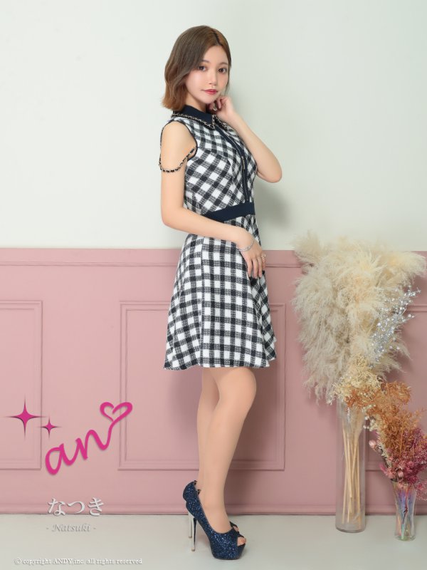 画像12: XSサイズあり【an /アン】 ノースリーブ/ 襟あり/ ツイードチェック/ チェーン/ フロントジップ/ Aライン/フレア/ ミニドレス/ キャバドレス[OF05]