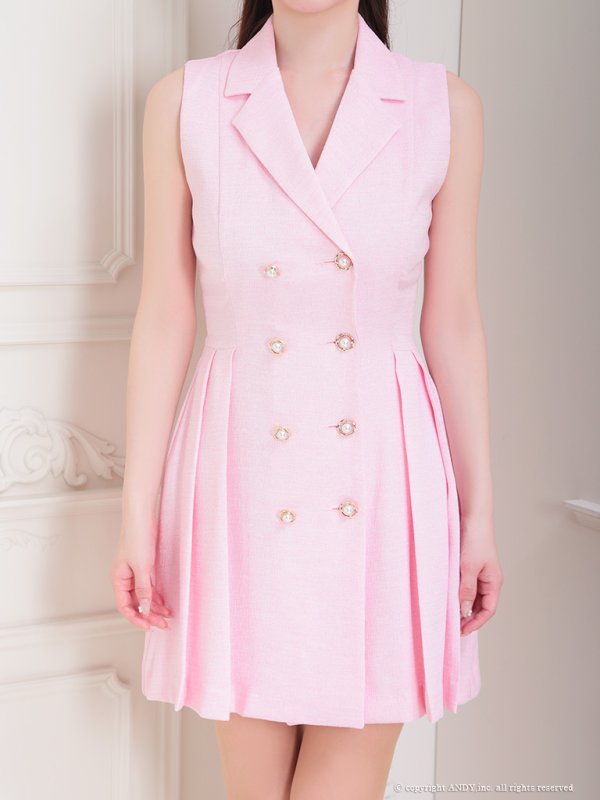 画像19: XSサイズあり【an/アン】ジャケット風/ 襟付き/ パールボタン/ ノースリーブ/ プリーツ/ フレア/ ワンピース/ ミニドレス/ キャバドレス[OF05]