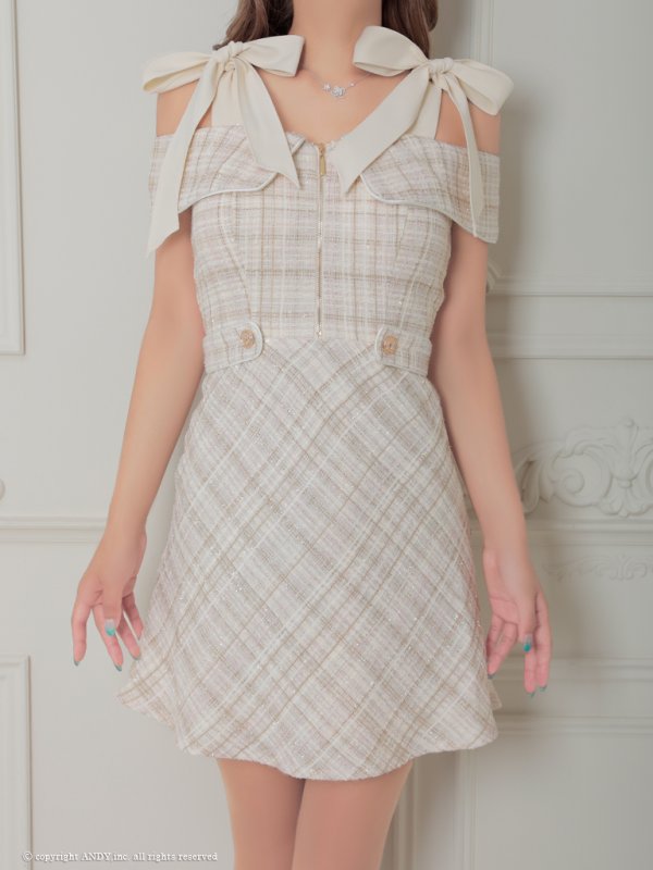 画像6: XSサイズあり【an/アン】チェック柄/ オフショルダー/ ショルダーリボン/ フロントジップ/ Aライン/ フレア/ ミニドレス/ キャバドレス[OF05]
