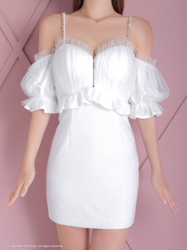 画像26: XSサイズあり【an /アン】ツイード/ チュール/ パフスリーブ/ オフショル/ ビジュー/ キャミソール/ 2way/ タイト/ ミニドレス/ キャバドレス[OF05]