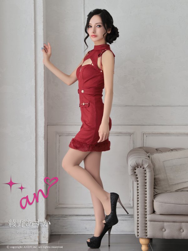 画像4: XSサイズあり【an /アン】 バストジッパー/ ハイネック/ カットアウト/ ノースリーブ/ ポケットデザイン/ 裾ファー/ タイト/ ミニドレス/ キャバドレス[OF05]