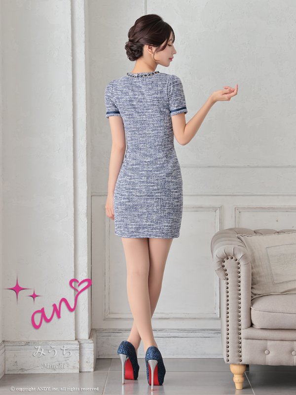 画像18: XSサイズあり【an /アン】ツイード/ 半袖/ リボン/ チェーン/ フロントジップ/ タイト/ ミニドレス/ キャバドレス[OF05]