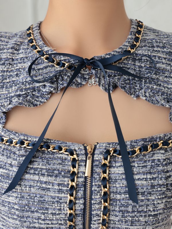 画像20: XSサイズあり【an /アン】ツイード/ 半袖/ リボン/ チェーン/ フロントジップ/ タイト/ ミニドレス/ キャバドレス[OF05]