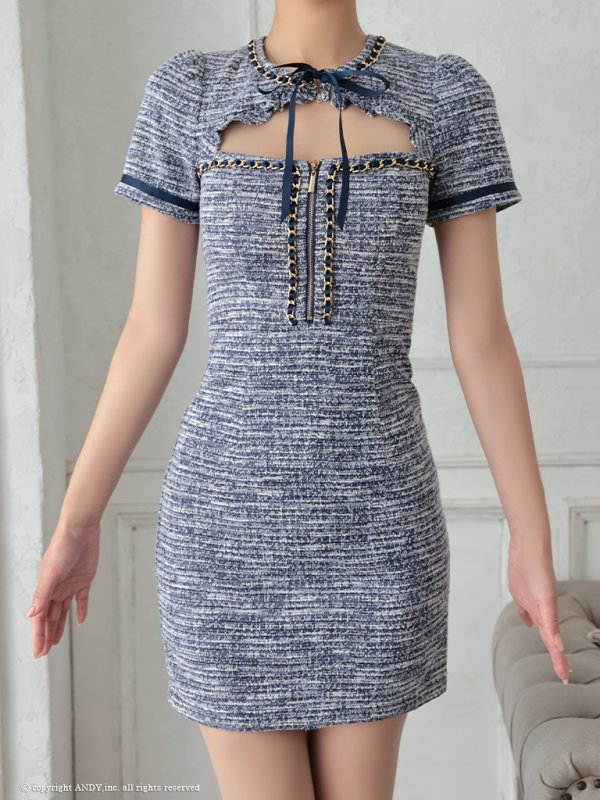 画像19: XSサイズあり【an /アン】ツイード/ 半袖/ リボン/ チェーン/ フロントジップ/ タイト/ ミニドレス/ キャバドレス[OF05]