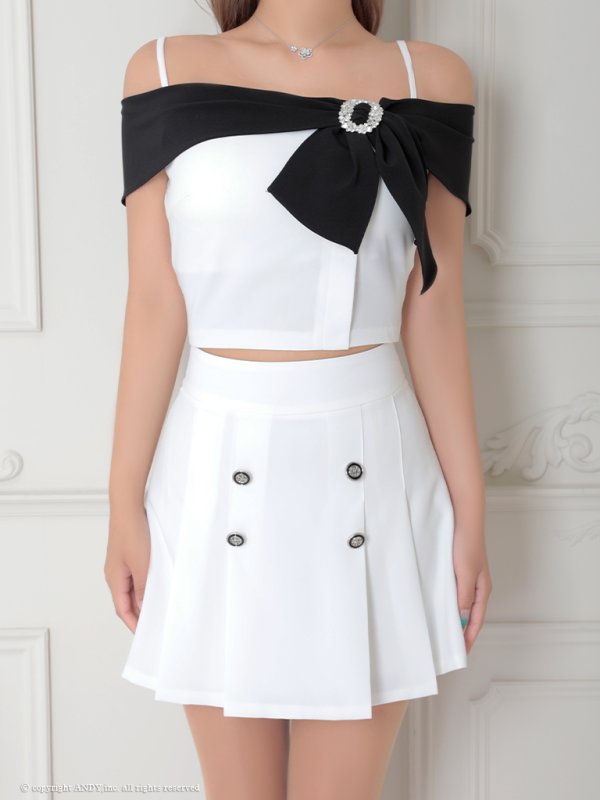 画像20: XSサイズあり【an /アン】バイカラー/ リボン/ オフショル/ プリーツ/ フレア/ セットアップ/ ミニドレス/ キャバドレス[OF05]