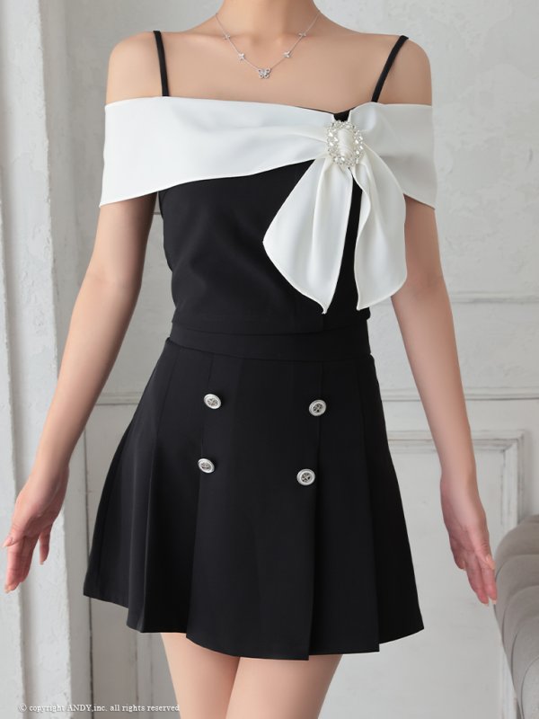 画像5: XSサイズあり【an /アン】バイカラー/ リボン/ オフショル/ プリーツ/ フレア/ セットアップ/ ミニドレス/ キャバドレス[OF05]
