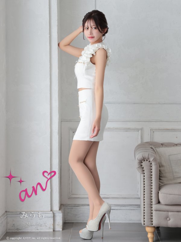 画像11: XSサイズあり【an /アン】セットアップ/ ノースリーブ/ フリルショルダー/ フロントジップ/ ボタン/ タイト/ ミニドレス/ キャバドレス[OF05]