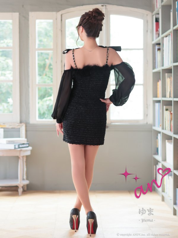 画像18: XSサイズあり【an /アン】袖あり/ ショルダーリボン/ ファー/ 取り外し可能/ バストジッパー/ チェーン/ キャミソール/ タイト/ ミニドレス/ キャバドレス[OF05]