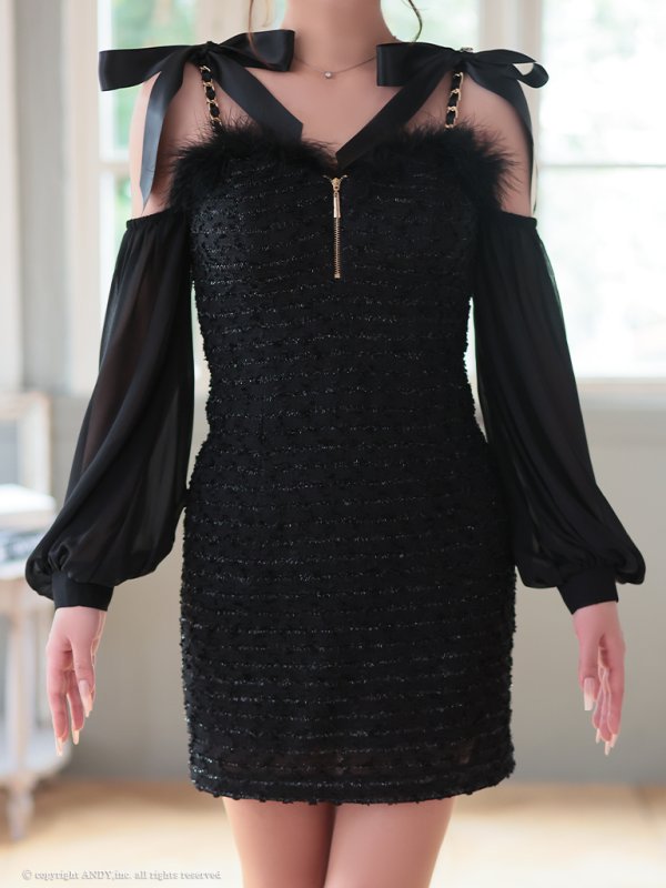 画像19: XSサイズあり【an /アン】袖あり/ ショルダーリボン/ ファー/ 取り外し可能/ バストジッパー/ チェーン/ キャミソール/ タイト/ ミニドレス/ キャバドレス[OF05]