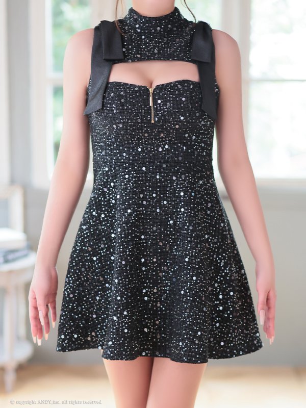 画像21: XSサイズあり【an /アン】スパンコール/ ツイード/ ショルダーリボン/ バストカット/ ノースリーブ/ フレア/ ミニドレス/ キャバドレス[OF05]