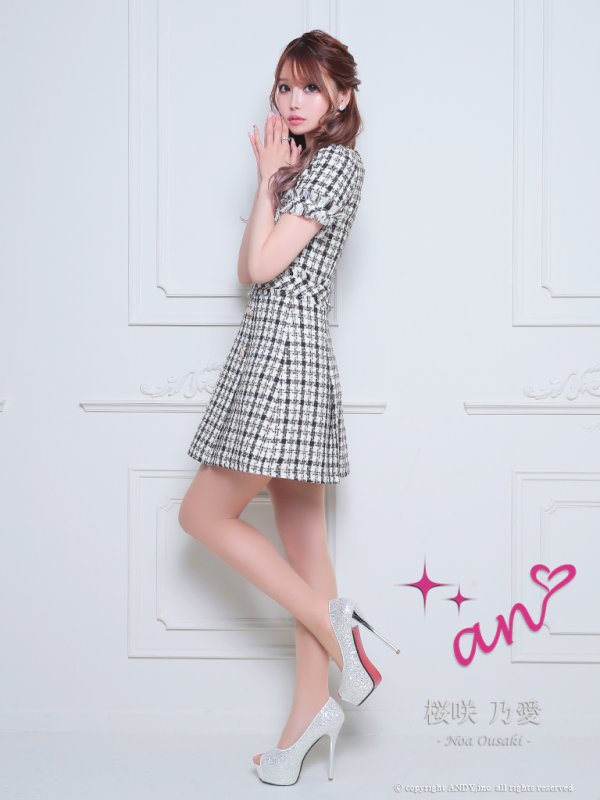 画像9: XSサイズあり【an /アン】 袖あり/ 半袖/ チェック柄/ Aライン/ ツイード/ ボックスプリーツ/ ボタン/ ミニドレス/ キャバドレス[OF05]