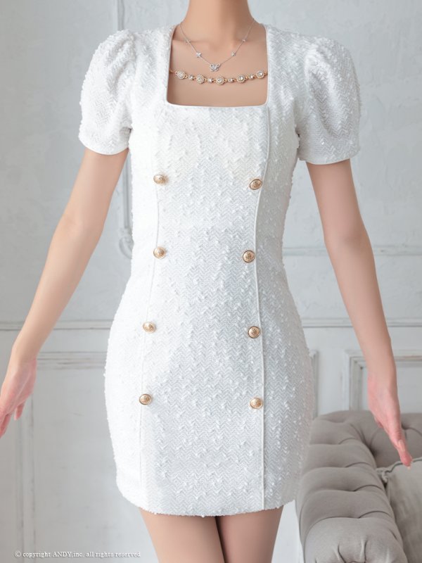 画像15: XSサイズあり【an /アン】ビジューチェーン/ パフスリーブ/ 袖あり/ スクエアネック/ ストレッチ/ タイト/ ミニドレス/ キャバドレス[OF05]