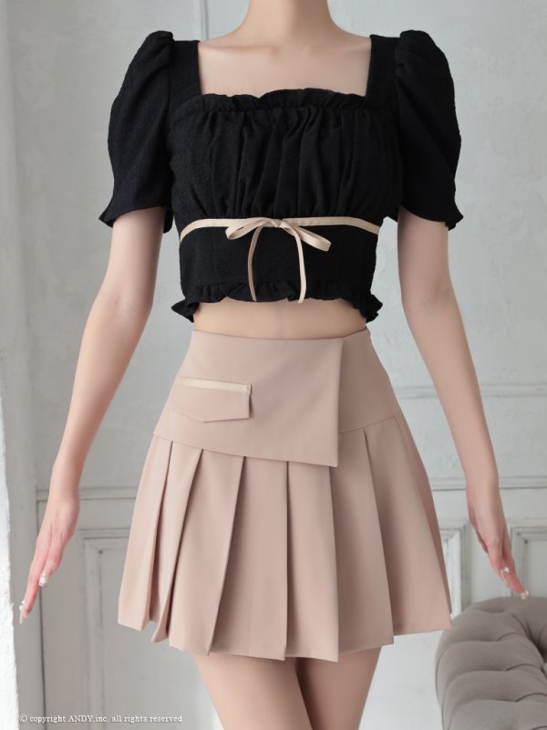 画像12: XSサイズあり【an/アン】リボン/ バイカラー/ 半袖/ 袖あり/ セットアップ/ プリーツ/ ミニドレス/ キャバドレス[OF05]