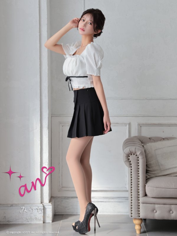 画像3: XSサイズあり【an/アン】リボン/ バイカラー/ 半袖/ 袖あり/ セットアップ/ プリーツ/ ミニドレス/ キャバドレス[OF05]