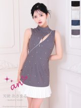 XSサイズあり【an /アン】ビジュー/ フロントジッパー/ ノースリーブ/ プリーツ/ フレア/ ワンピース/ ミニドレス/ キャバドレス[OF05]