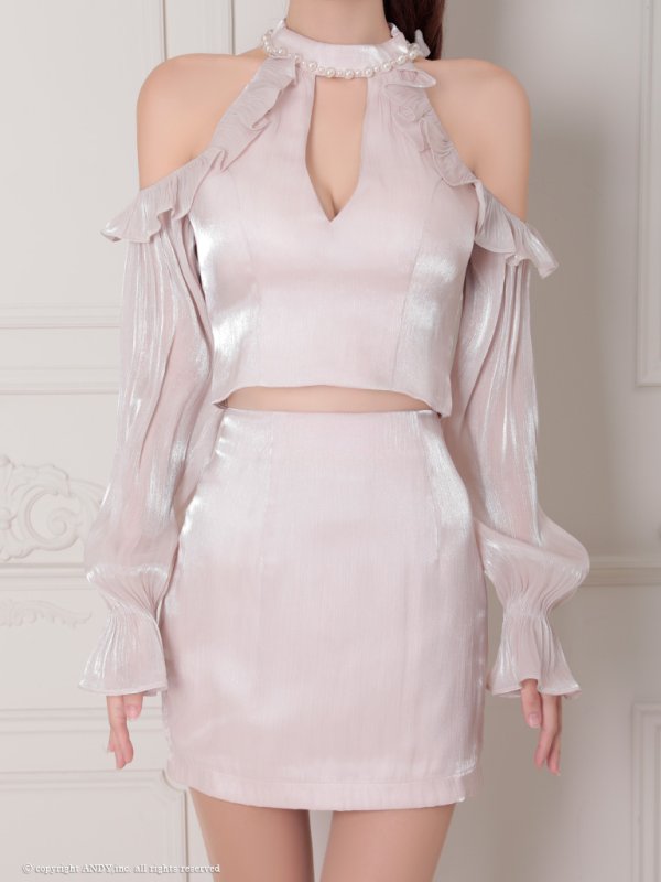 画像14: XSサイズあり【an /アン】フリル/ ネックパール/ ハイネック/ 楊柳シフォン/ バストカット/ タイト/ セットアップ/ ミニドレス/ キャバドレス[OF05]