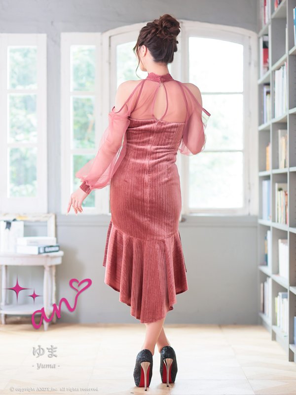 画像25: XSサイズあり【an /アン】ベロア/ チュールスリーブ/ オフショルダー/ 裾フリル/ テールカット/ ストレッチ/ ミディアムドレス/ キャバドレス[OF05]