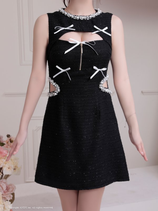 画像29: XSサイズあり【an /アン】ラメツイード/ パール/ ビジュー/ リボン/ カットアウト/ バストジッパー/ ノースリーブ/ フレア/ ミニドレス/ キャバドレス[OF05]