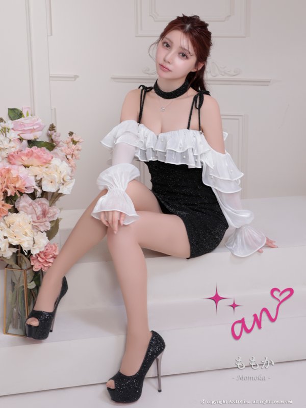 画像5: XSサイズあり【an /アン】2way/ 袖取り外し可能/ フリル/ オフショルダー/ キャミソール/ パール/ ラメ/ タイト/ ミニドレス/ キャバドレス[OF05]