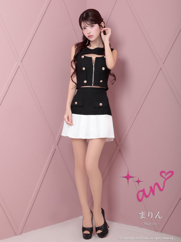 画像2: XSサイズあり【an /アン】バイカラー/ ボタンデザイン/ バストカット/ フロントジッパー/ ノースリーブ/ プリーツ/ フレア/ セットアップ/ ミニドレス/ キャバドレス[OF05]【一部予約商品/5月下旬-6月下旬発送予定】
