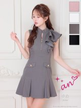 XSサイズあり【an /アン】フロントジップ/ フリルショルダー/ シンプル/ ポケットデザイン/ プリーツ/ フレア/ ノースリーブ/ ミニドレス/ キャバドレス[OF05]
