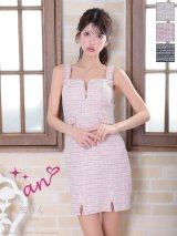 【an /アン】MIXツイード/ フラワーモチーフ/ スクエアネック/ パイピング/ ノースリーブ/ バストジップ/ スリット/ ストレッチ/ タイト/ ミニドレス/ キャバドレス[OF05]]