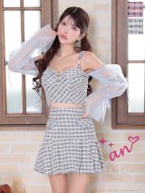 XSサイズあり【an /アン】ストレッチ/ ツイード/ ビジュー/ 2WAY/ オフショルダー/ 長袖/ 袖あり/ プリーツ/ フレア/ セットアップ/ ミニドレス/ キャバドレス[OF05]