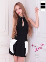 XSサイズあり【an /アン】フロントジップ/ ホルターネック/ リボン/ ハイネック/ ノースリーブ/ バイカラー/ フレア/ ワンピース/ ミニドレス/ キャバドレス[OF05]