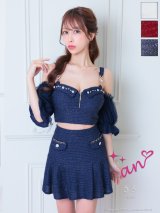 XSサイズあり【an /アン】ストレッチ/ ツイード/ ビジュー/ バストジップ/ 2WAY/ ハーフスリーブ/ 袖あり/ プリーツ/ フレア/ セットアップ/ ミニドレス/ キャバドレス[OF05]