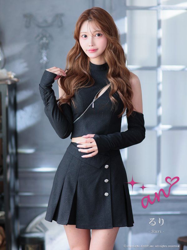 画像2: XSサイズあり【an /アン】袖付き/ ロングスリーブ/ ラメ/ ハイネック/ バストジップ/ プリーツ/ フレア/ セットアップ/ ミニドレス/ キャバドレス[OF05]