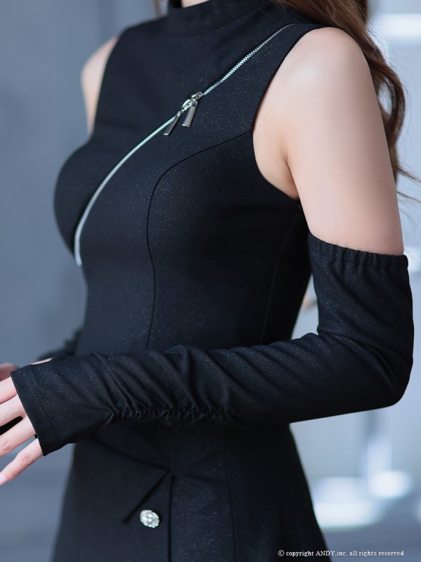 画像30: XSサイズあり【an /アン】袖付き/ ロングスリーブ/ ラメ/ ハイネック/ バストジップ/ プリーツ/ フレア/ セットアップ/ ミニドレス/ キャバドレス[OF05]