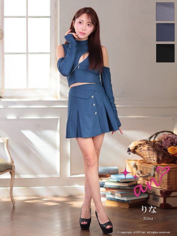 画像2: XSサイズあり【an /アン】袖付き/ ロングスリーブ/ ラメ/ ハイネック/ バストジップ/ プリーツ/ フレア/ セットアップ/ ミニドレス/ キャバドレス[OF05]