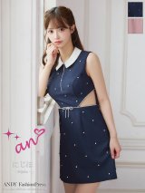 【予約商品/6月下旬発送予定】XSサイズあり【an /アン】襟付き/ フロントジッパー/ リボン/ ビジュー/ ノースリーブ/ カットアウト/ シアー/ 台形スカート/ フレア/ ワンピース/ ミニドレス/ キャバドレス[OF05]