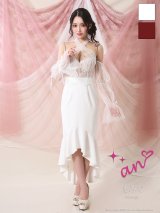 【SALE】即日発送【an/アン】2WAY/ クロスネック/ フィッシュテール/ マーメイド/ フリル/ ロングスリーブ/ 長袖/ レース/ リボン/ ミディアムドレス/ キャバドレス[OF05]