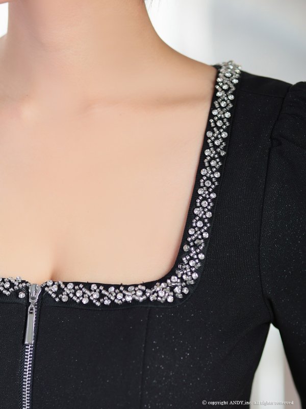 画像14: XSサイズあり【an /アン】ビジュー/ ラメ/ スクエアネック/ バストジップ/ カットアウト/ シアー/ 袖あり/ 五分袖/ タイト/ ミニドレス/ キャバドレス[OF05]