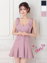 XSサイズあり【an /アン】ショルダーリボン/ ラメ/ ビジューボタン/ Vネック/ シンプル/ ノースリーブ/ プリーツ/ フレア/ ミニドレス/ キャバドレス[OF05]