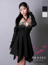 XSサイズあり【an /アン】 2WAY/ ロングスリーブ付き/ クロスホルターネック/ ビジュー/ バストジップ/ 変形ヘム/ フレア/ ミニドレス/ キャバドレス[OF05]