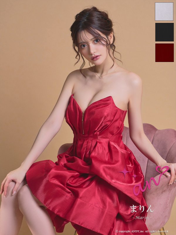 画像13: XSサイズあり【an/アン】ベア/  バストジップ/ タック/ 変形ヘム/ フレア/ ミディアムドレス/ キャバドレス[OF05]