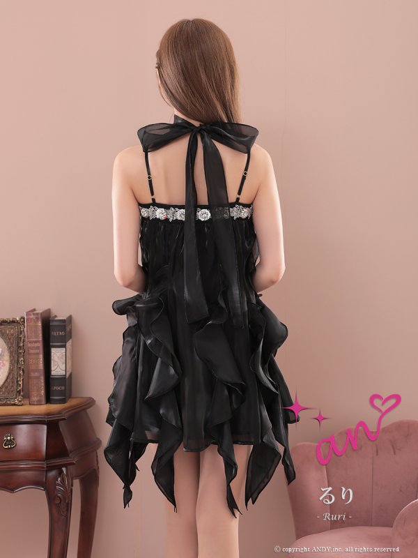 画像26: XSサイズあり【an/アン】ネックリボン付き/  ラッフルフリル/ ビジュー/ キャミソール/ バストジップ/ オーガンジー/ フレア/ ミニドレス/ キャバドレス[OF05]