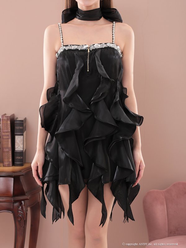 画像25: XSサイズあり【an/アン】ネックリボン付き/  ラッフルフリル/ ビジュー/ キャミソール/ バストジップ/ オーガンジー/ フレア/ ミニドレス/ キャバドレス[OF05]