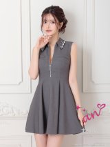 【予約商品/7月下旬-8月上旬発送予定】XSサイズあり【an/アン】襟付き/ ビジュー/ ノースリーブ/ バストジップ/ シンプル/ Aライン/ フレア/ ワンピース/ ミニドレス/ キャバドレス[OF05]