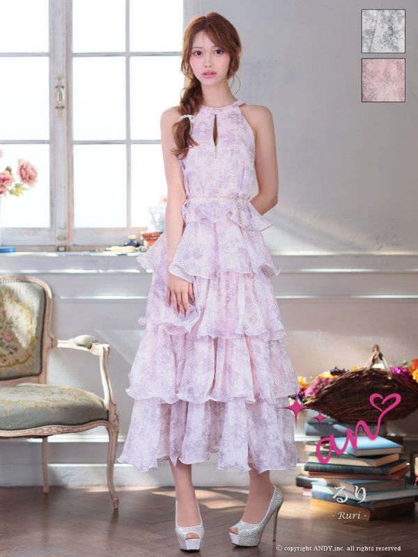 画像1: XSサイズあり【an /アン】チェーンベルト付き/ バストジップ/ シフォン/ フリル/ アメスリ/ ティアード/ フレア/ ワンピース/ ロングドレス/ キャバドレス[OF05]